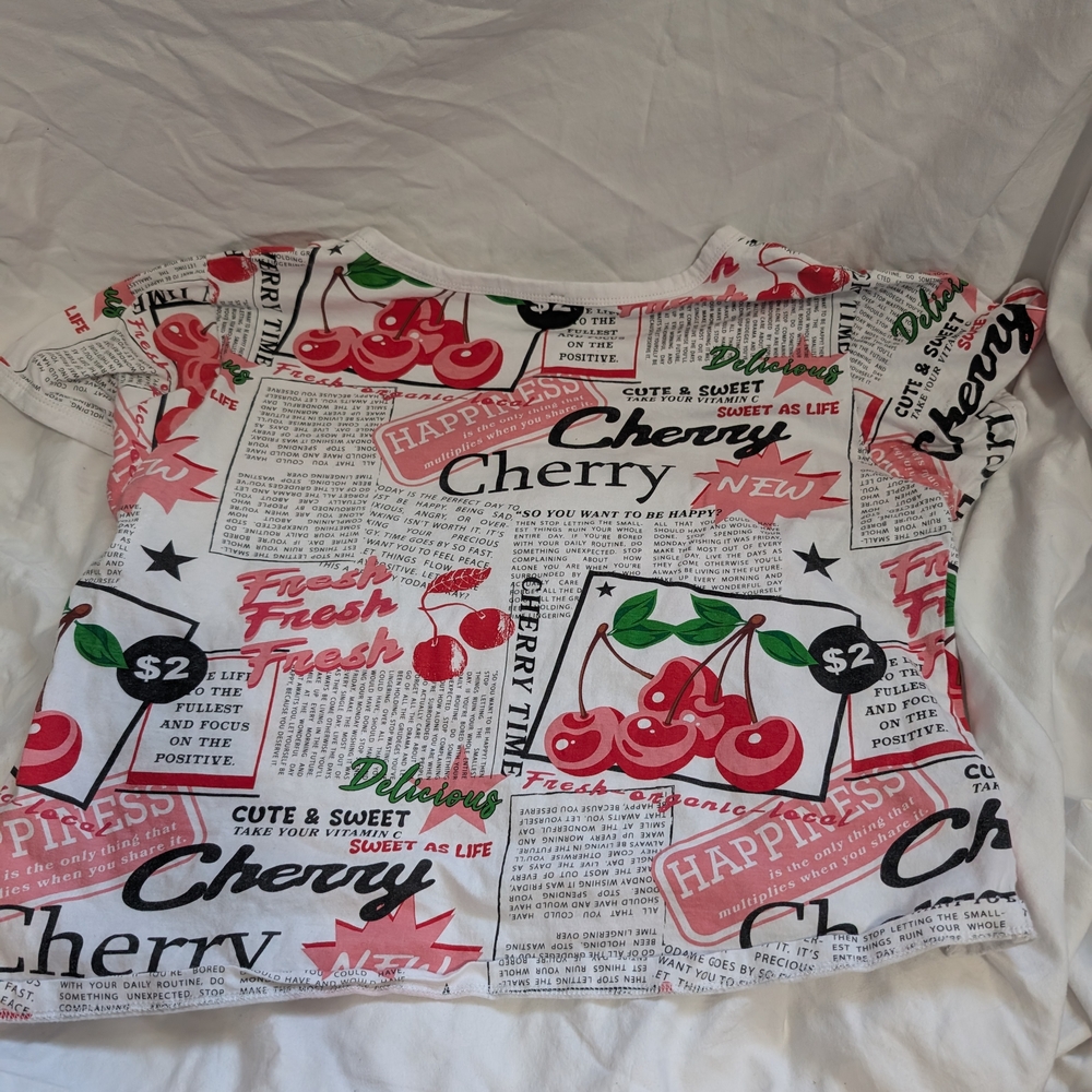 Electric Pink Cherry Print Crop Top - Red and White
